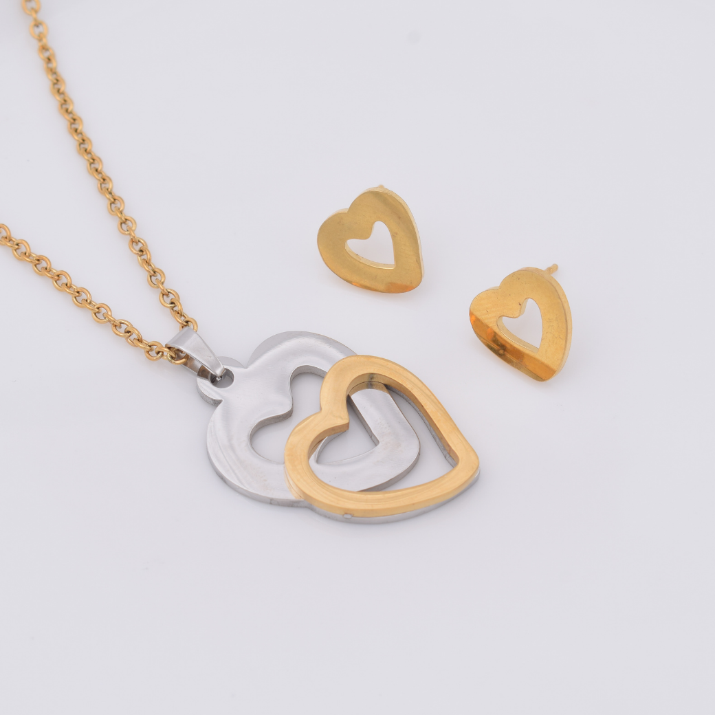 Set collar y aretes - corazón oro plata