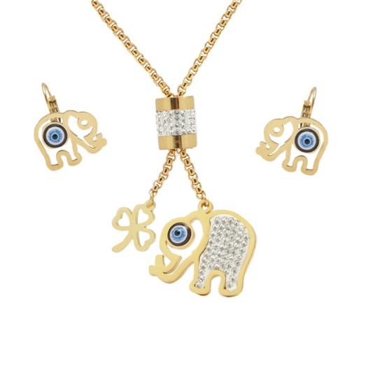 Set collar y aretes elefante con ojo turco