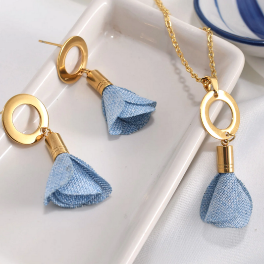 Set collar y aretes - hoja tela