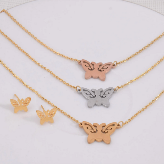 Set collar y aretes - Mariposas 3 niveles