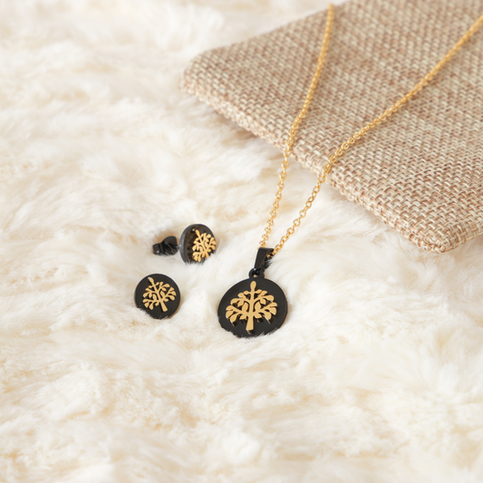Set collar y aretes árbol de la vida negro