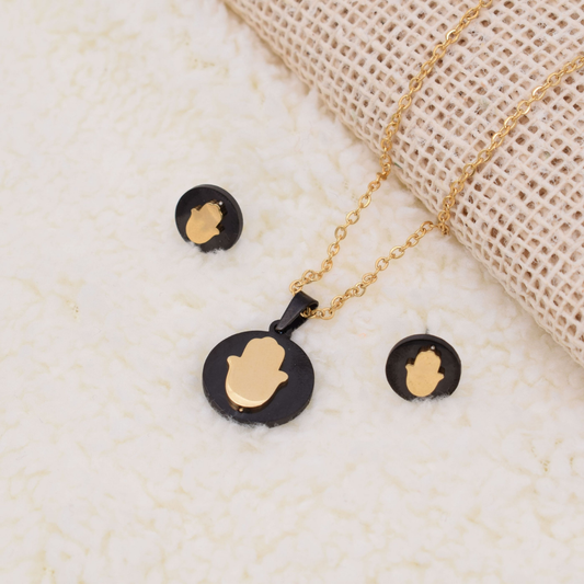 Set collar y aretes - flor de loto negro