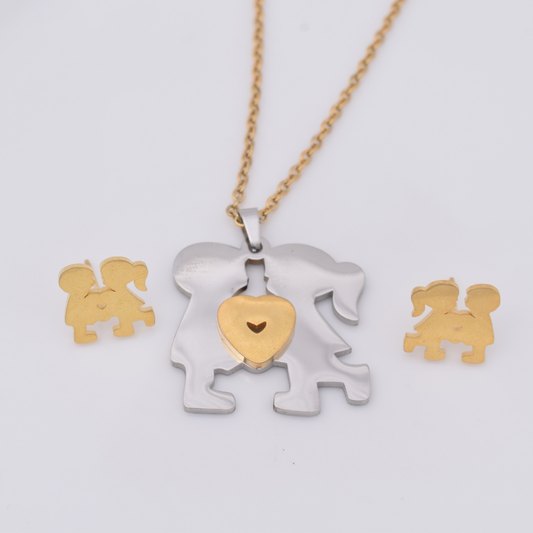 Set collar y aretes - pareja niños dorados