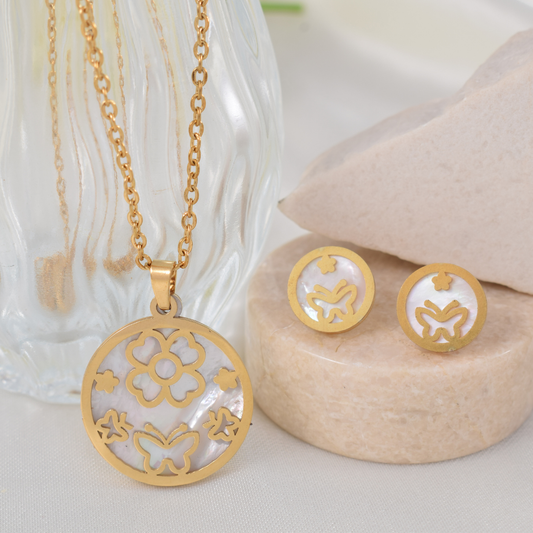 Set collar y aretes - lineas y nacar