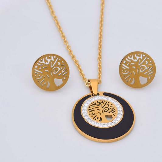 Set collar y aretes - árbol vida negro y dorador